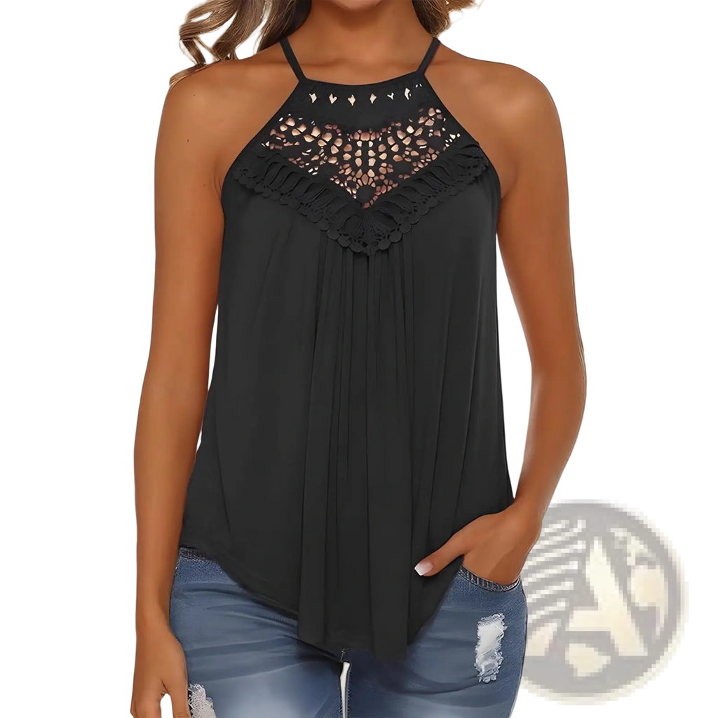 Black embroidered halter camisole featuring lace detailing and pleated fabric for an elegant look