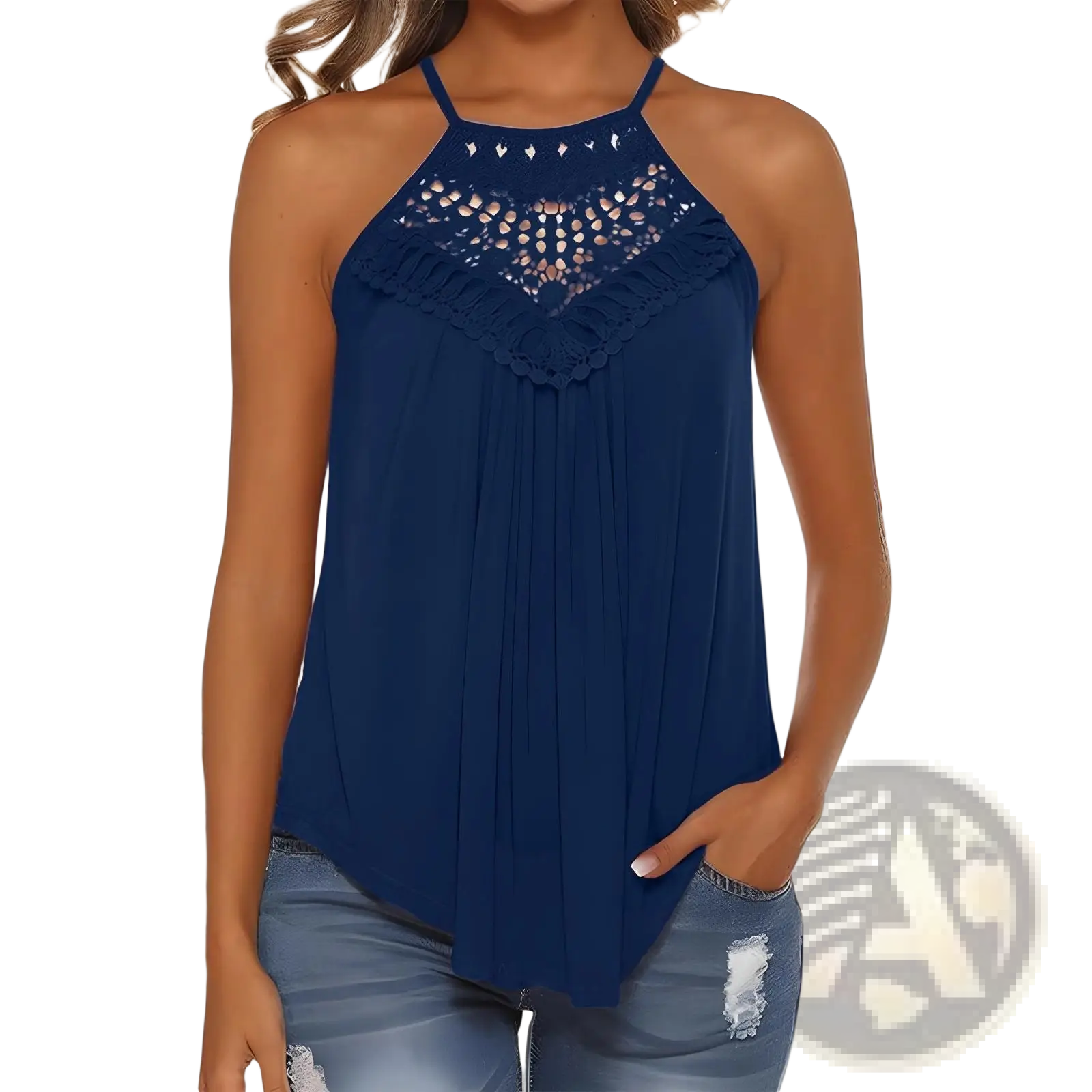 Navy blue embroidered halter camisole with lace detailing and ruffled neckline for elegant casual wear