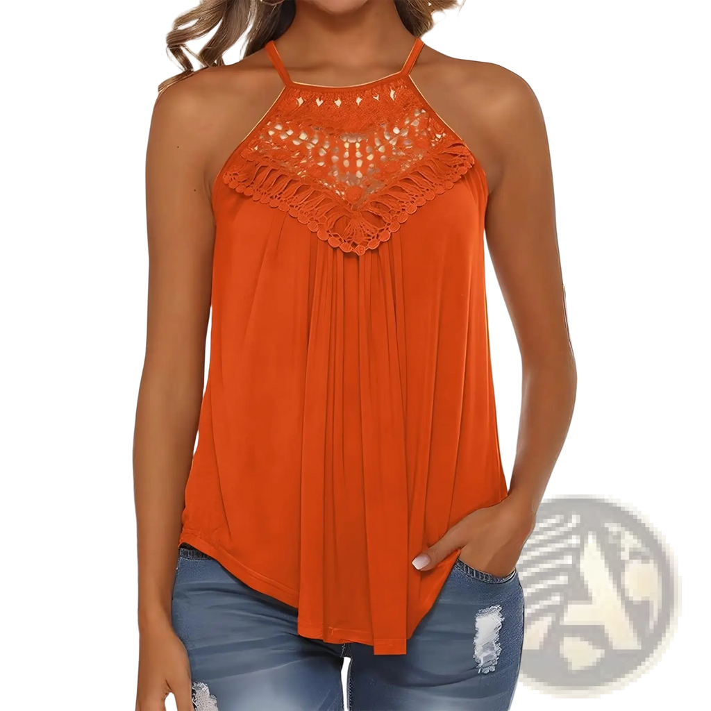 Orange embroidered halter camisole with lace detailing and ruffled trim for stylish summer wear