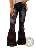 Embroidered high-waisted flared blue denim jeans featuring vibrant red rose embroidery on the front side