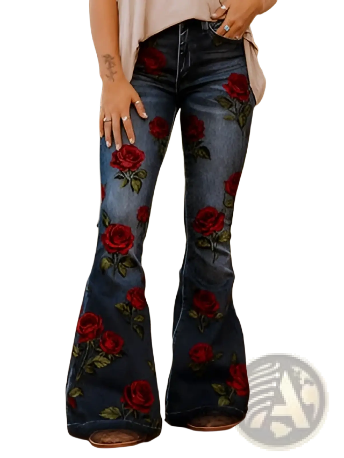 Embroidered high-waisted flared blue denim jeans featuring vibrant red rose embroidery on the front side