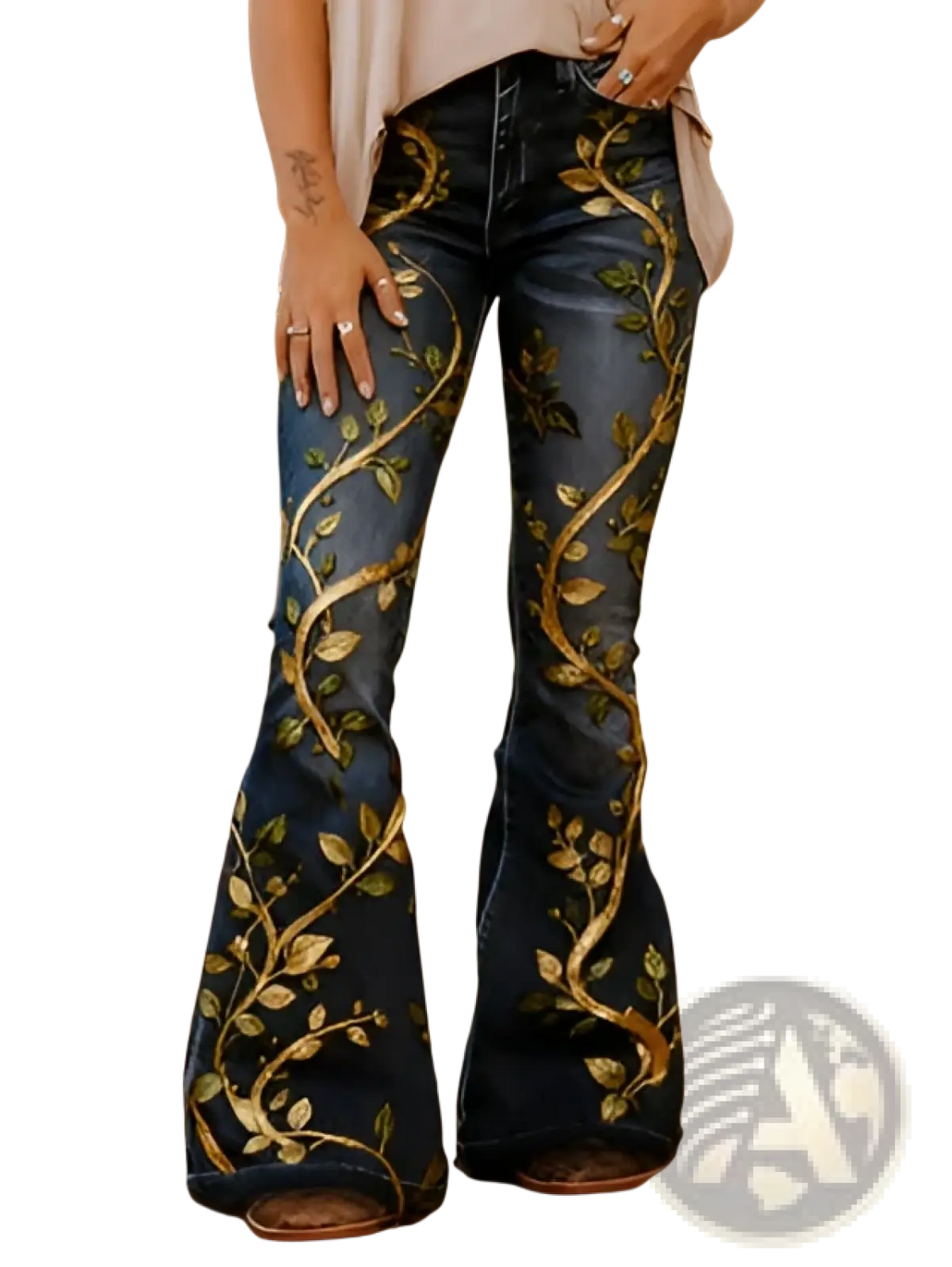 Embroidered high-waisted flared jeans in dark blue denim with intricate gold leaf and vine embroidery on the outer leg