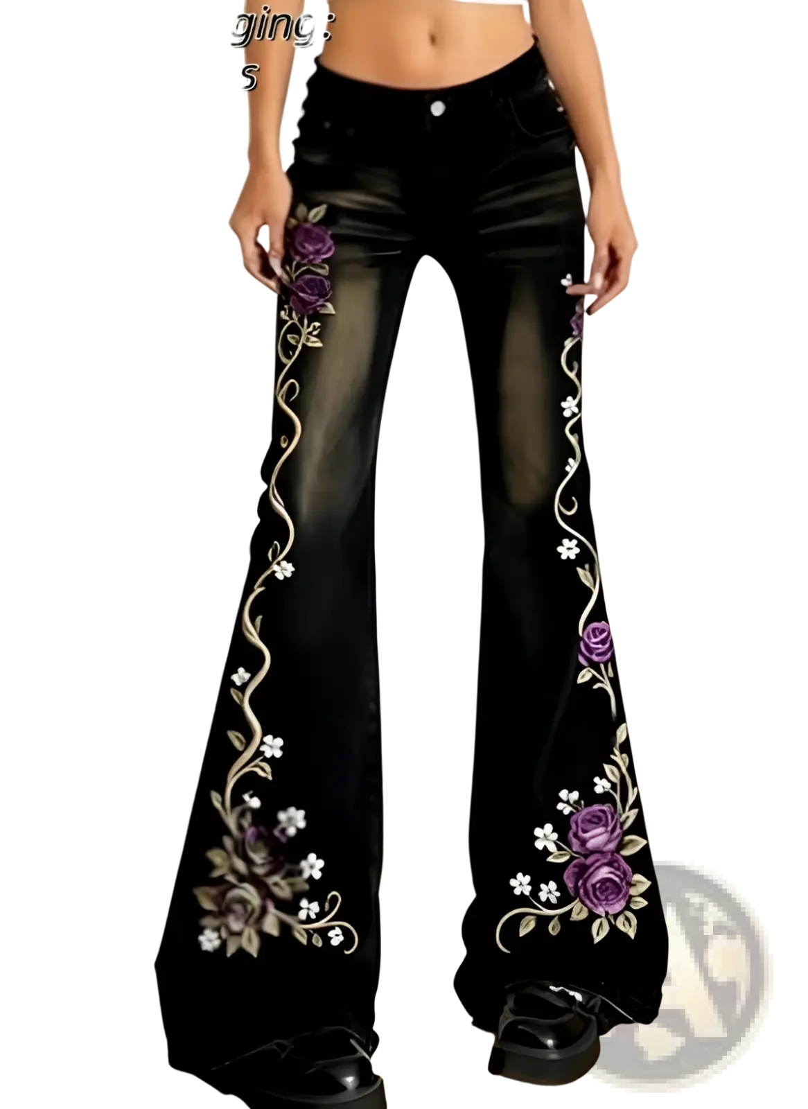 Black printed legging with purple and white floral embroidery along the sides in embroidered high-waisted flared jeans style