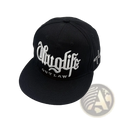 Black hip hop snapback cap with white embroidered gangsta life and outlaw text featuring a flat brim design