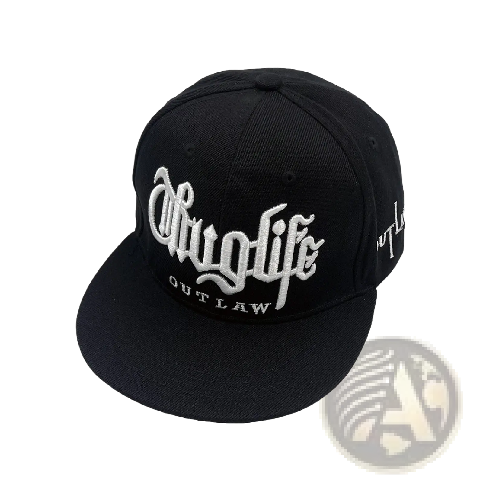 Black hip hop snapback cap with white embroidered gangsta life and outlaw text featuring a flat brim design