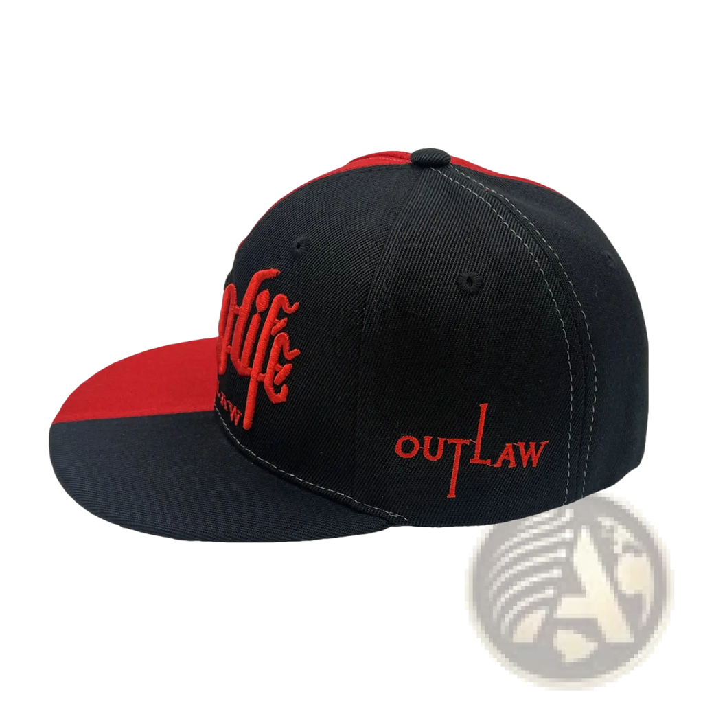 Black and red embroidered hip hop snapback cap with outlaw branding featuring a classic snap closure design