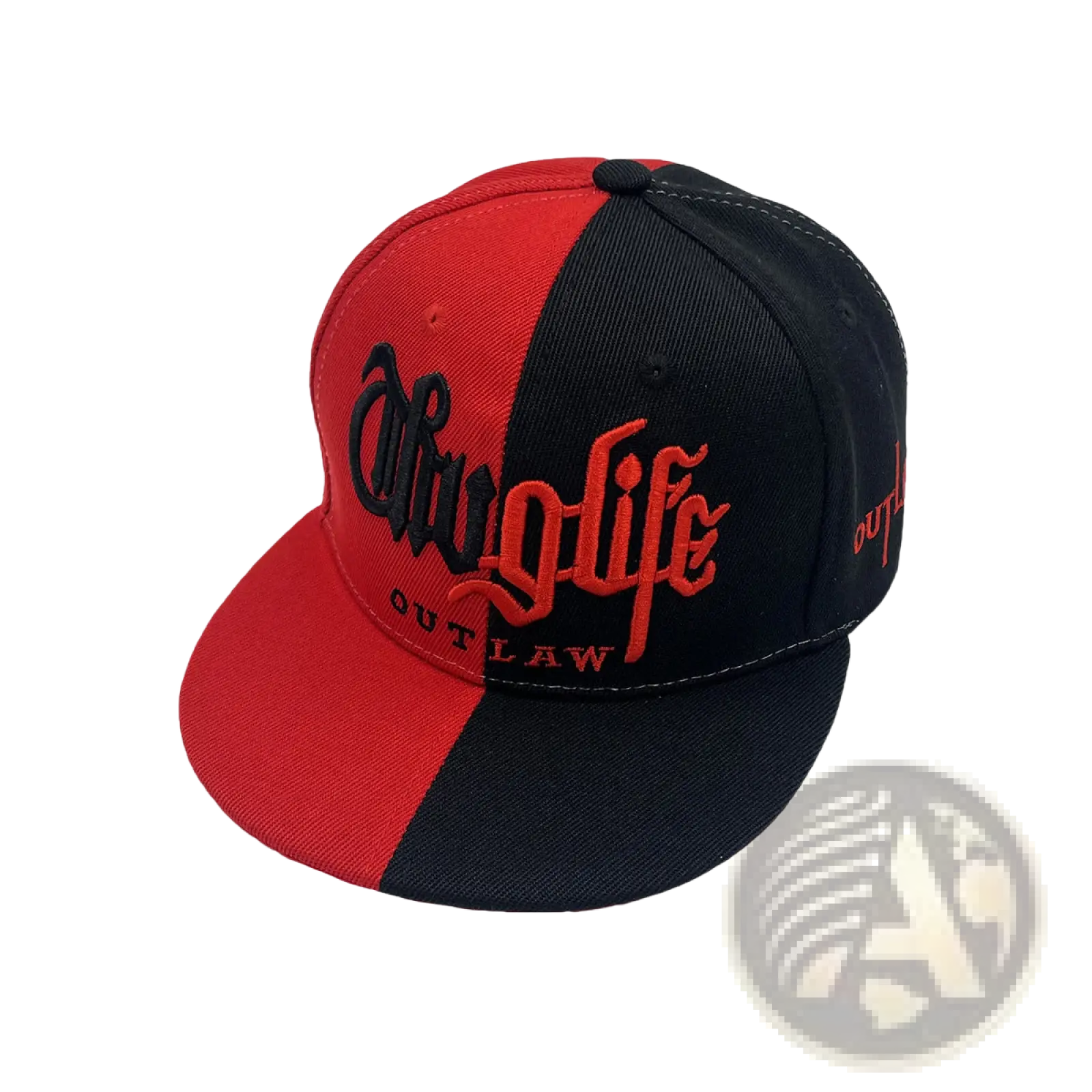 Red and black embroidered hip hop snapback cap with danglife script detailing in contrasting thread