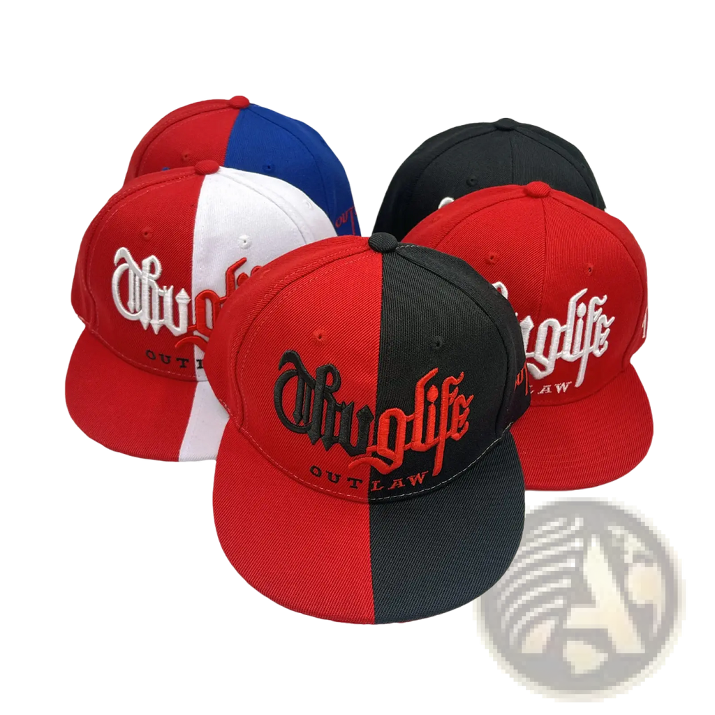 Embroidered hip hop snapback cap in red and black with danglife outlaw embroidery in contrasting colors
