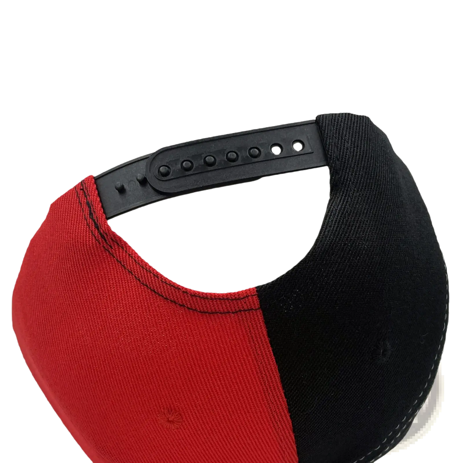 Red and black two-tone embroidered hip hop snapback cap with black plastic adjustable strap shown from the back side