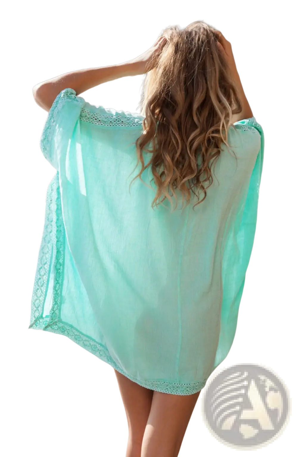 A light turquoise sheer embroidered lace v neck beach cover up dress with delicate lace trim along the edges