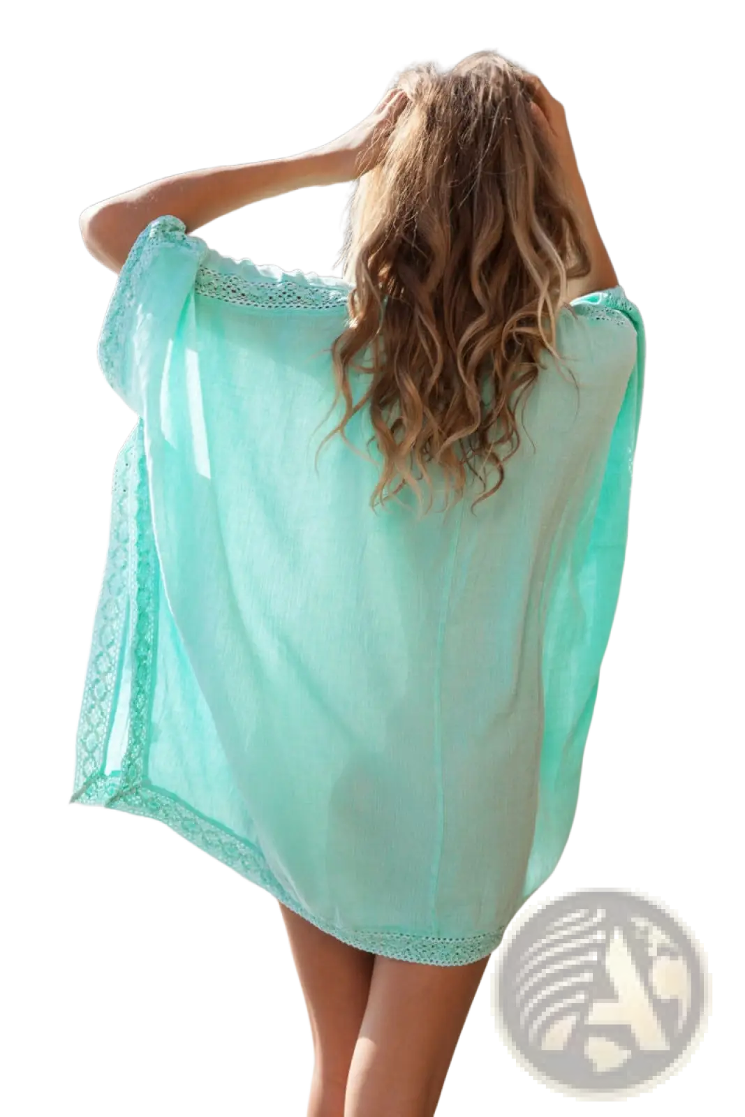 A light turquoise sheer embroidered lace v neck beach cover up dress with delicate lace trim along the edges