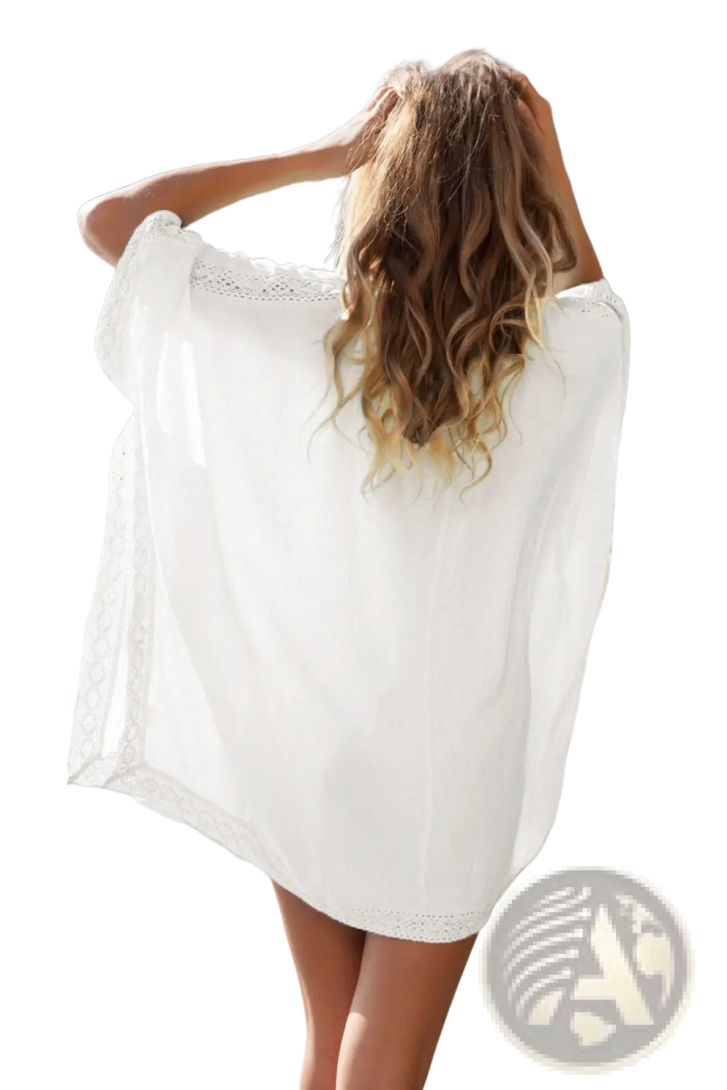 White lace-trimmed embroidered v neck beach cover up dress made of lightweight fabric for summer wear