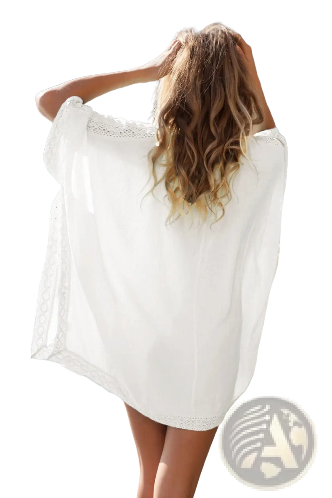 White lace-trimmed embroidered v neck beach cover up dress made of lightweight fabric for summer wear