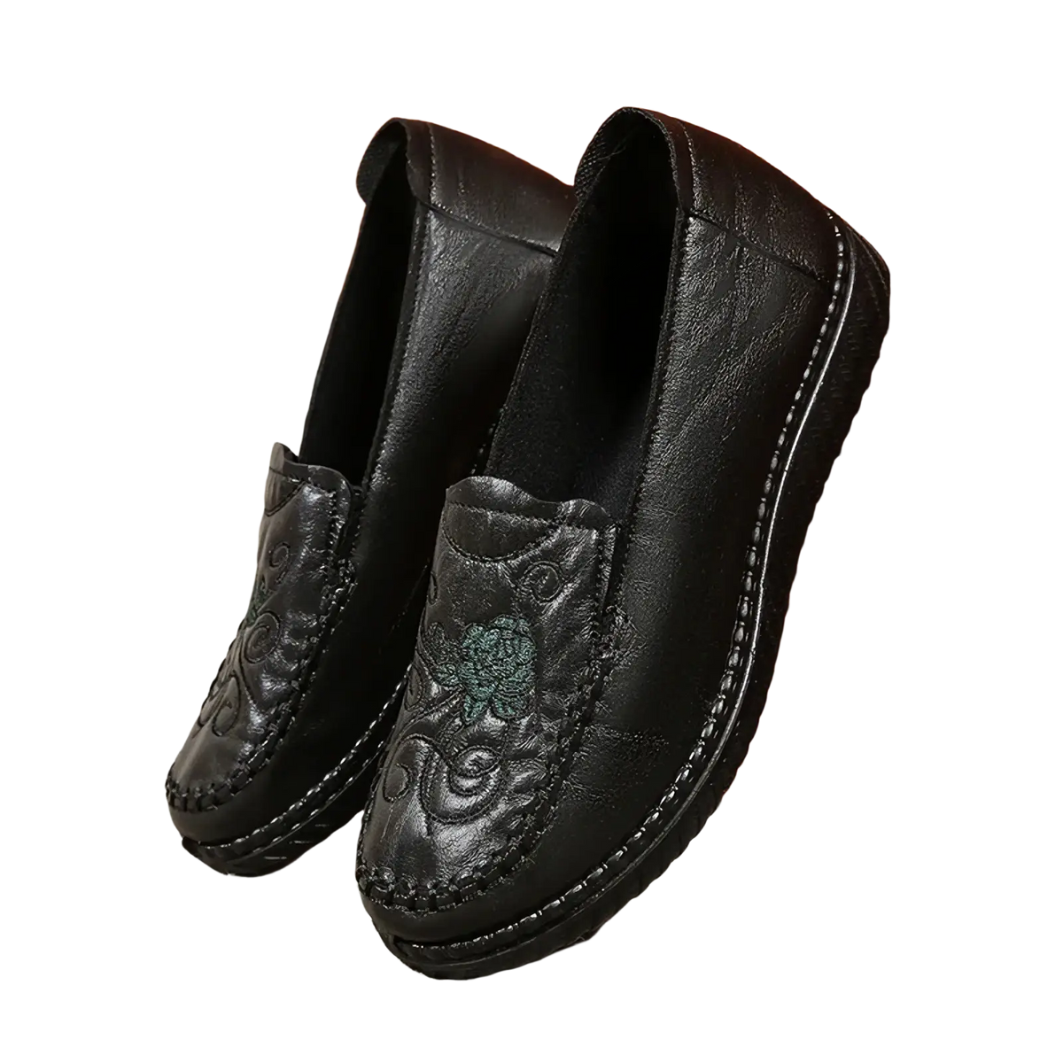 Black leather slip on loafers with embroidered floral detailing on the vamp for elegant casual wear