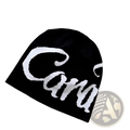 Black knitted beanie hat with bold white cartier logo embroidered on the front in a cozy knit material