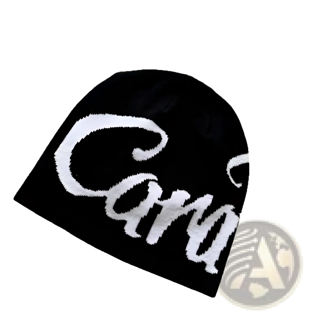 Black knit beanie hat featuring bold white embroidered carry logo in cursive on the front