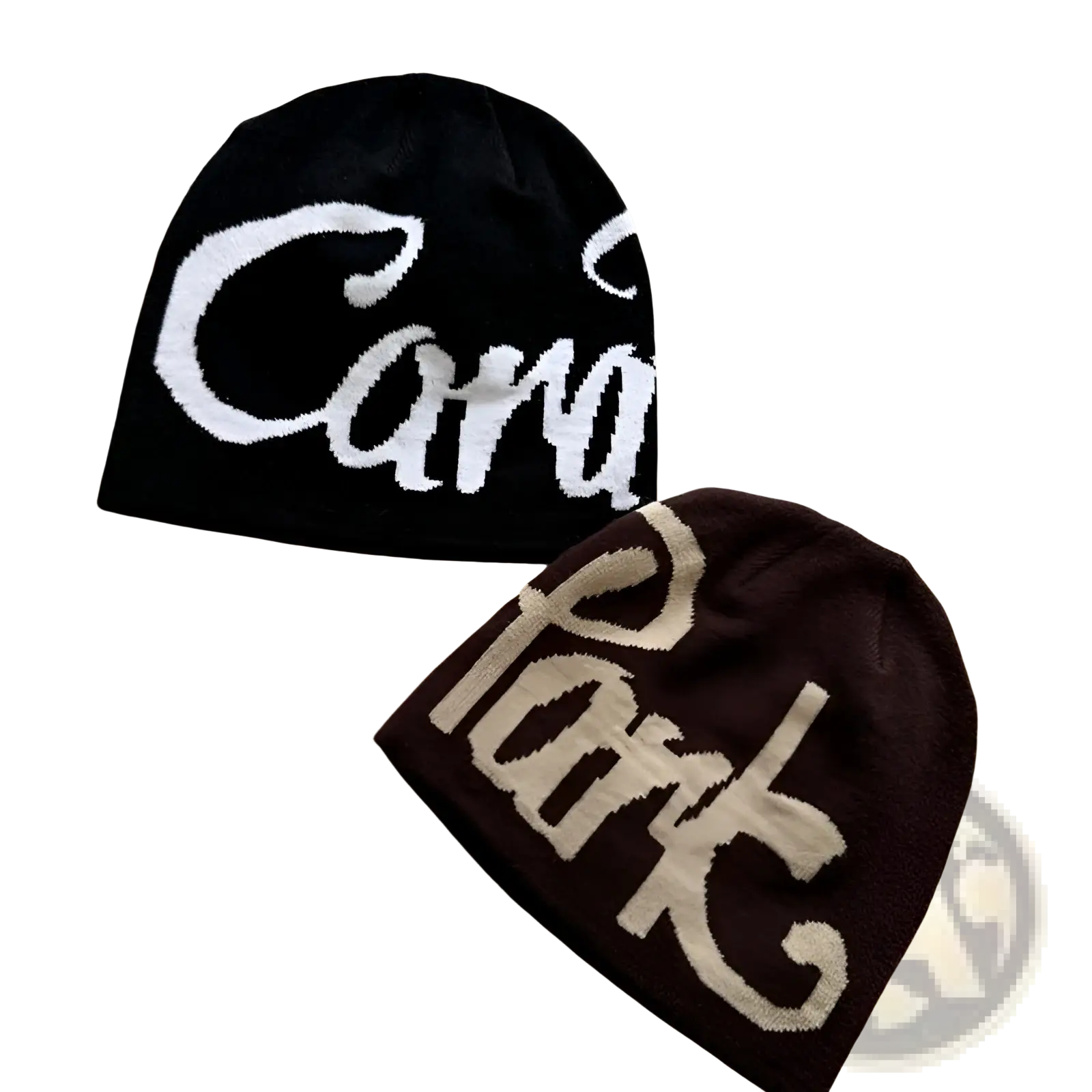 Black and brown embroidered letter knit beanie hats with white cursive lettering made from soft knit material