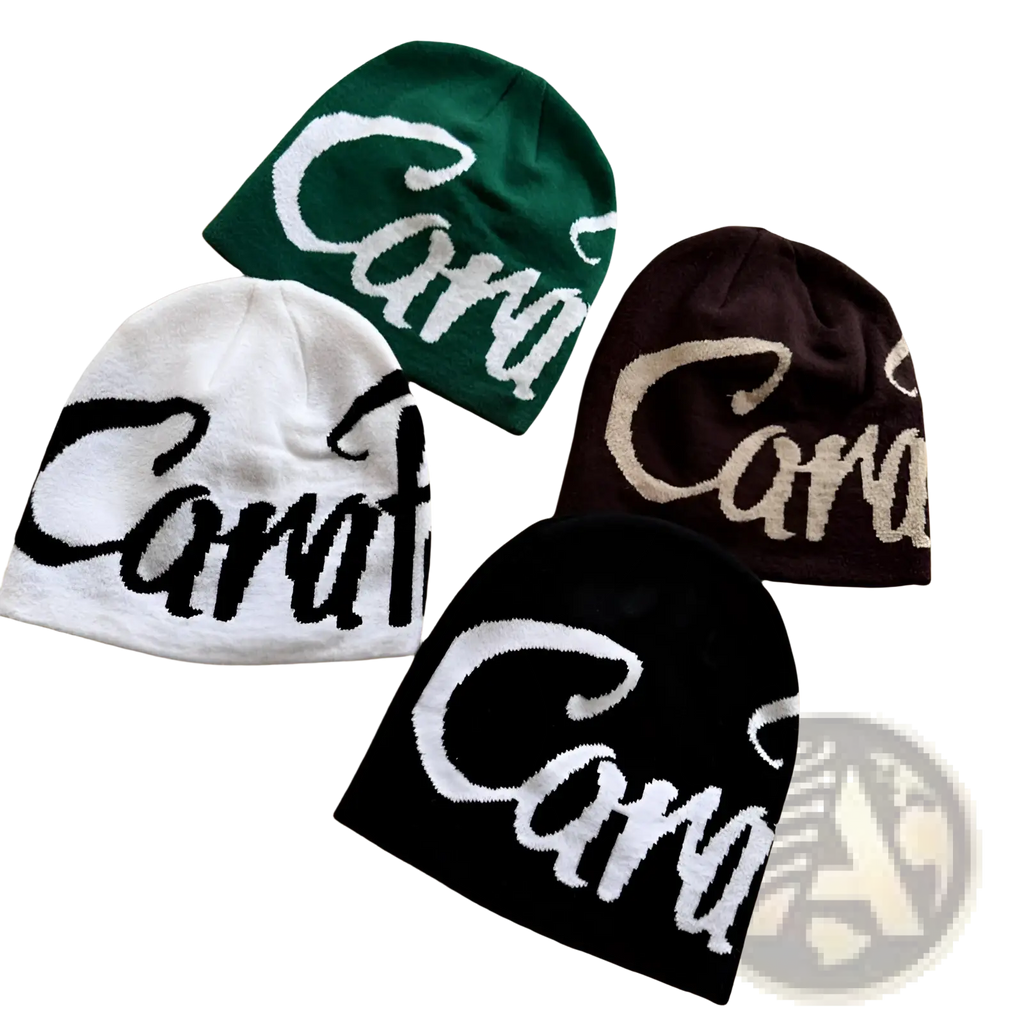 Four knitted beanies in green white brown and black with embroidered cara logo featured on the front