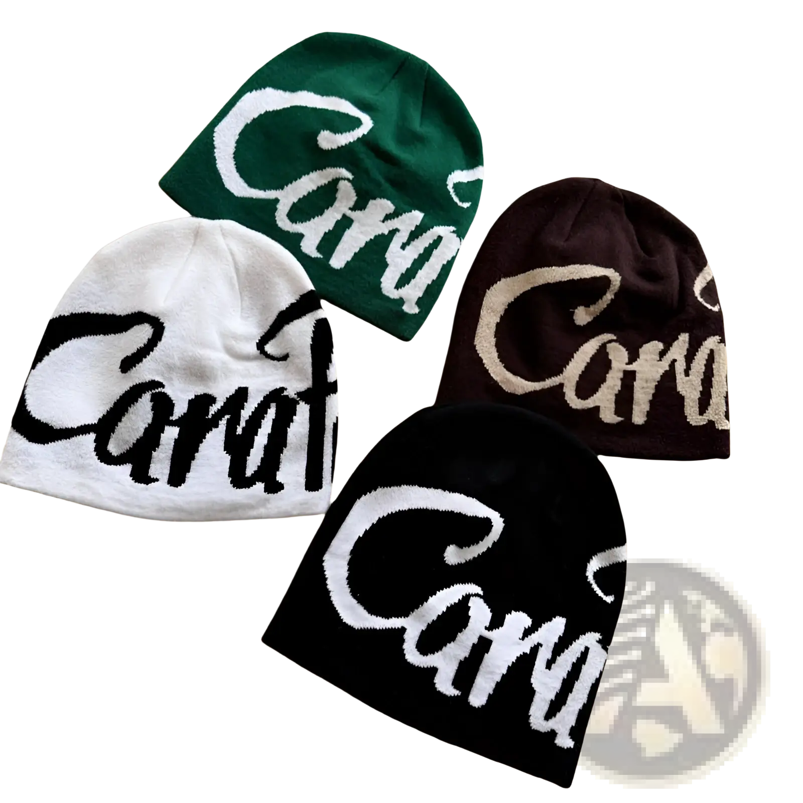 Four knitted beanies in green white brown and black with embroidered cara logo featured on the front