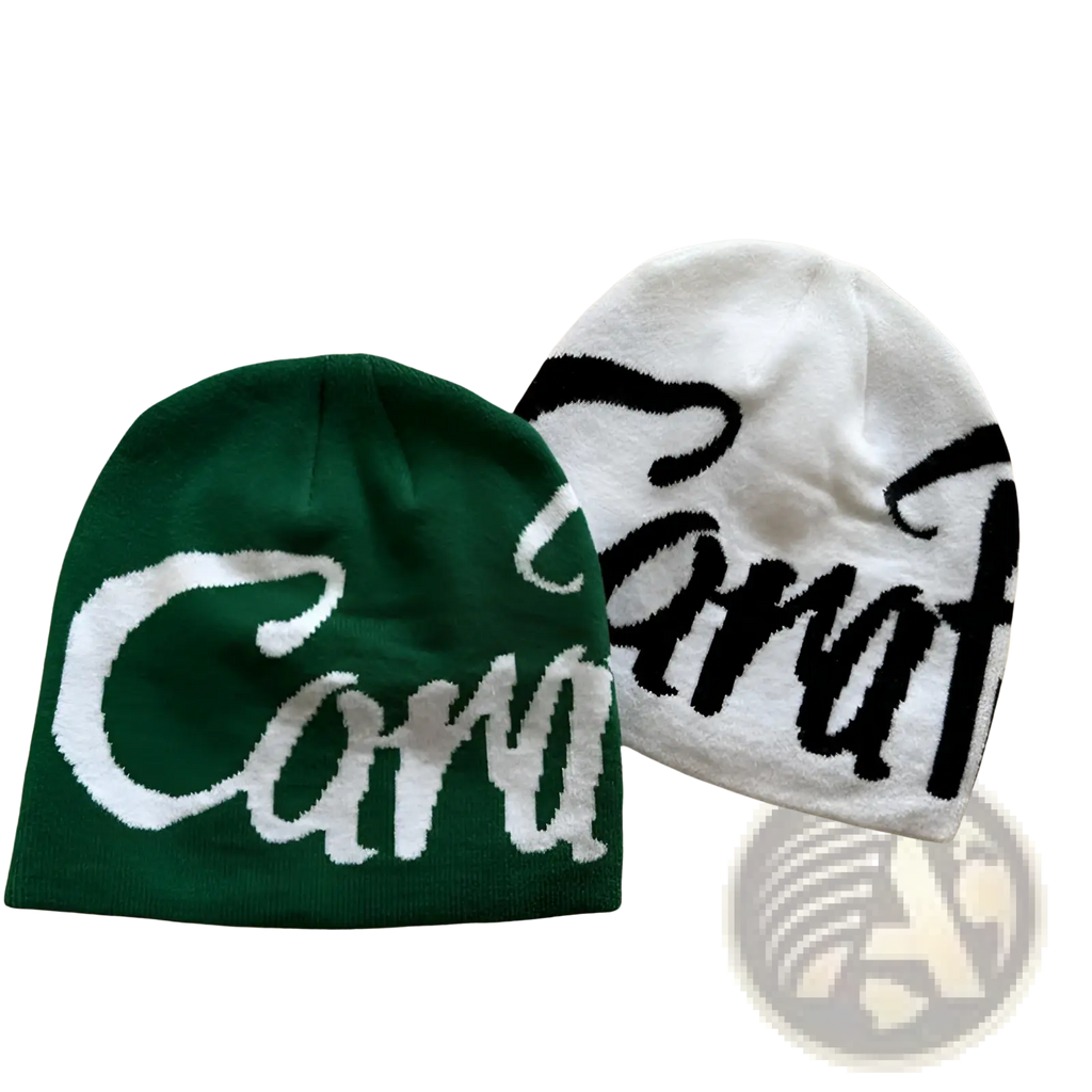 Green and white knitted embroidered letter beanie hat with cana logo in contrasting color lettering