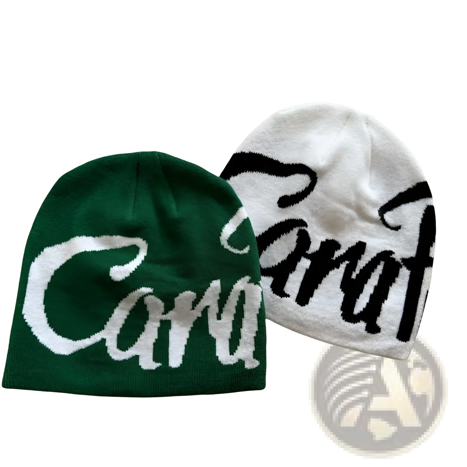 Green and white knitted embroidered letter beanie hat with cana logo in contrasting color lettering