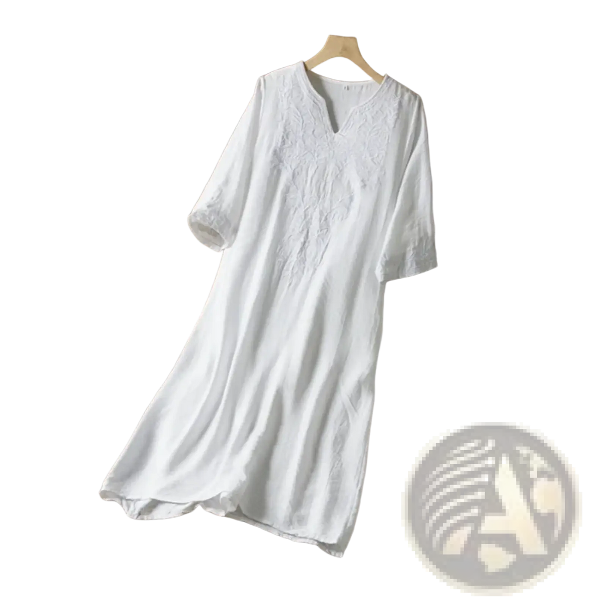 White linen embroidered dress with delicate detailing around v-neckline and short sleeves chinese style summer outfit