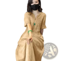 Beige embroidered linen dress with short sleeves and v-neckline ideal for Chinese style summer outfit
