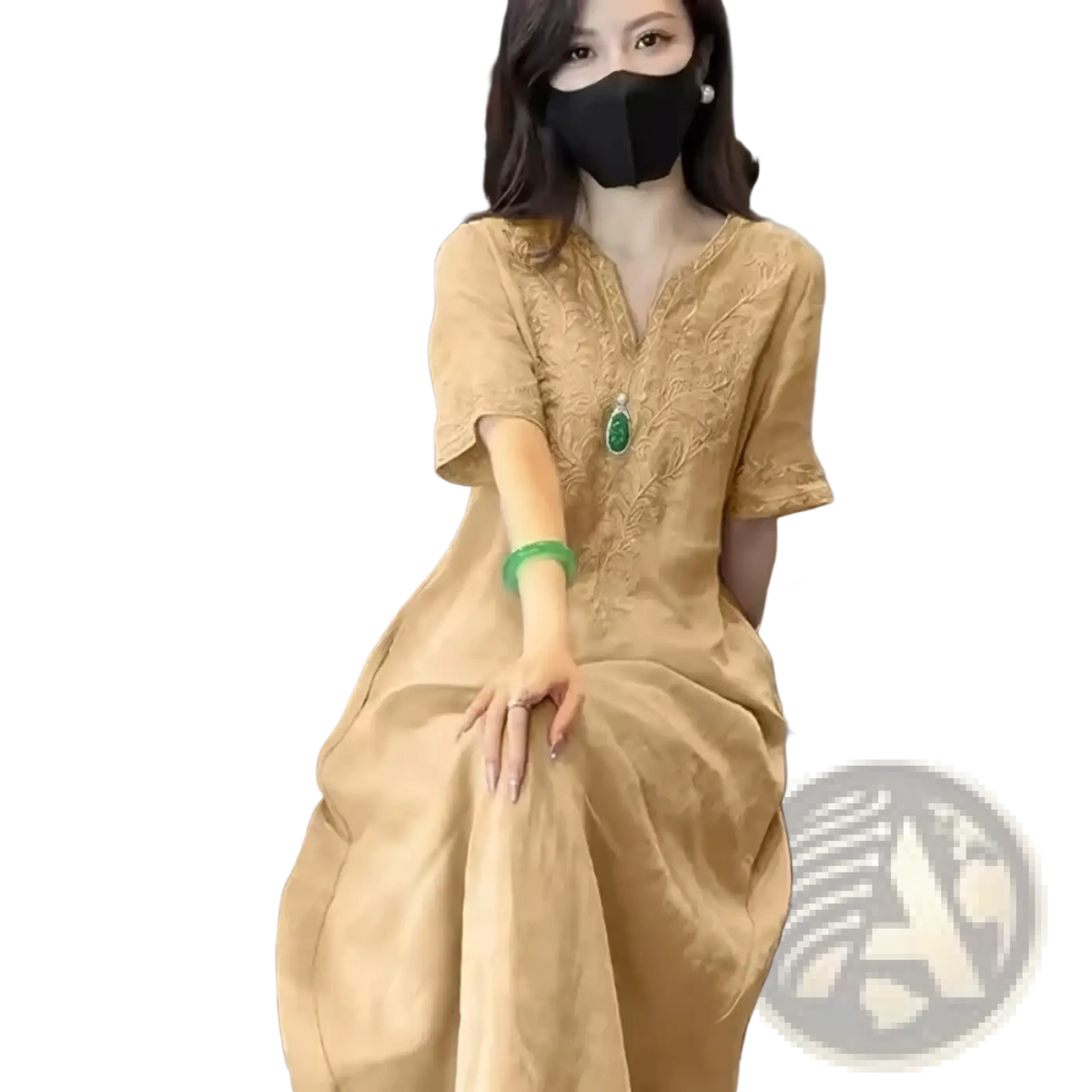 Beige embroidered linen dress with short sleeves and v-neckline ideal for Chinese style summer outfit