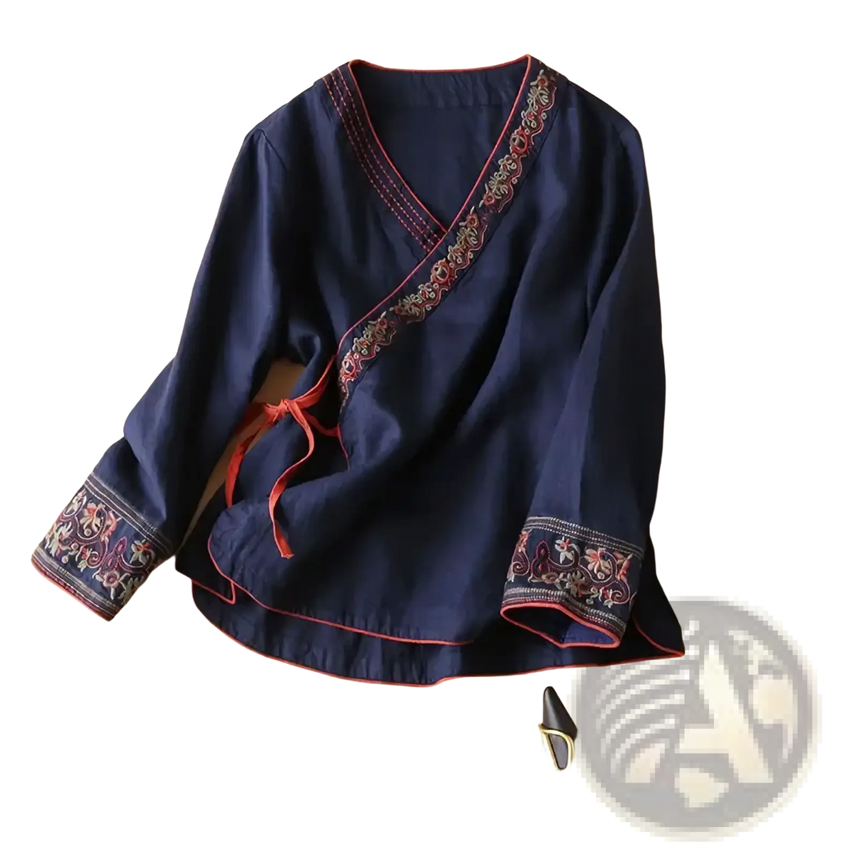 Navy blue linen embroidered wrap blouse with red and gold embroidery along neckline cuffs and hem