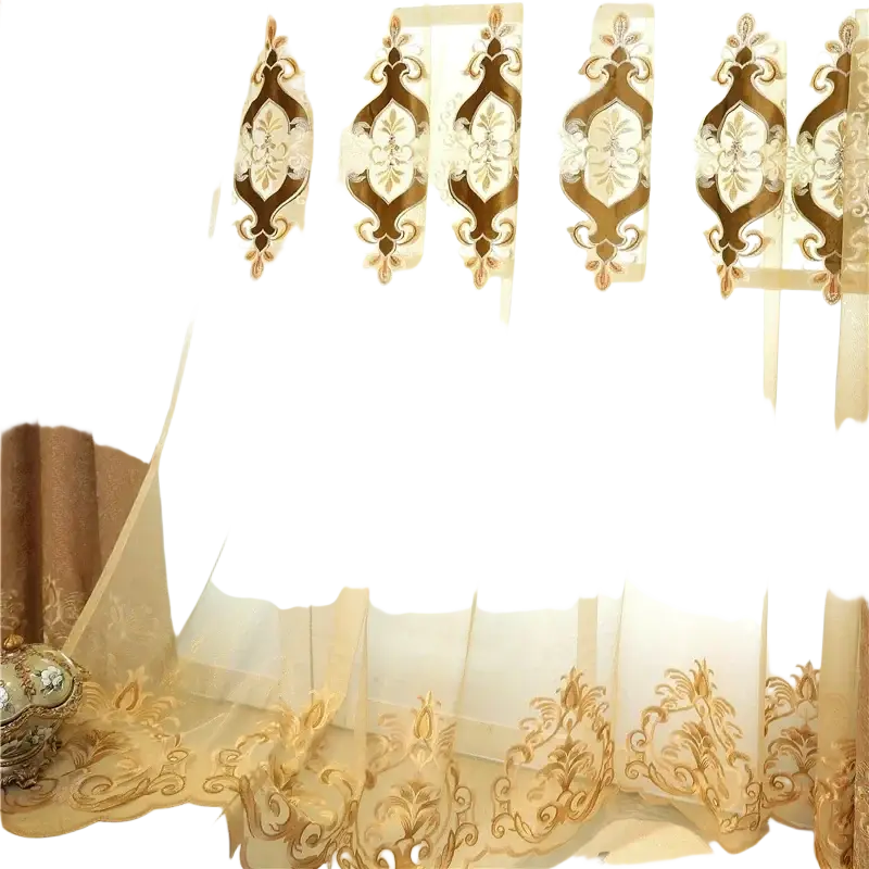 Beige sheer embroidered living room curtains with gold floral patterns designed for french window use