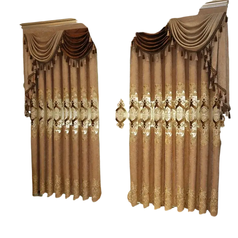 Luxurious gold and brown embroidered damask living room curtains with ornate valance and tassels for french window