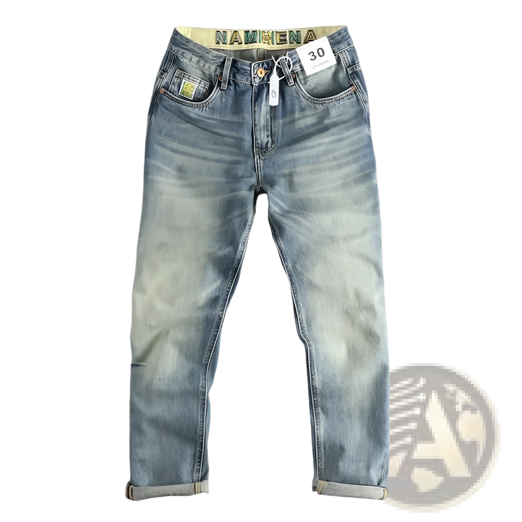 Embroidered loose fit light-wash denim jeans for men with a faded distressed look and rolled cuffs