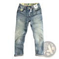 Embroidered loose fit light-wash denim jeans for men with a faded distressed look and rolled cuffs