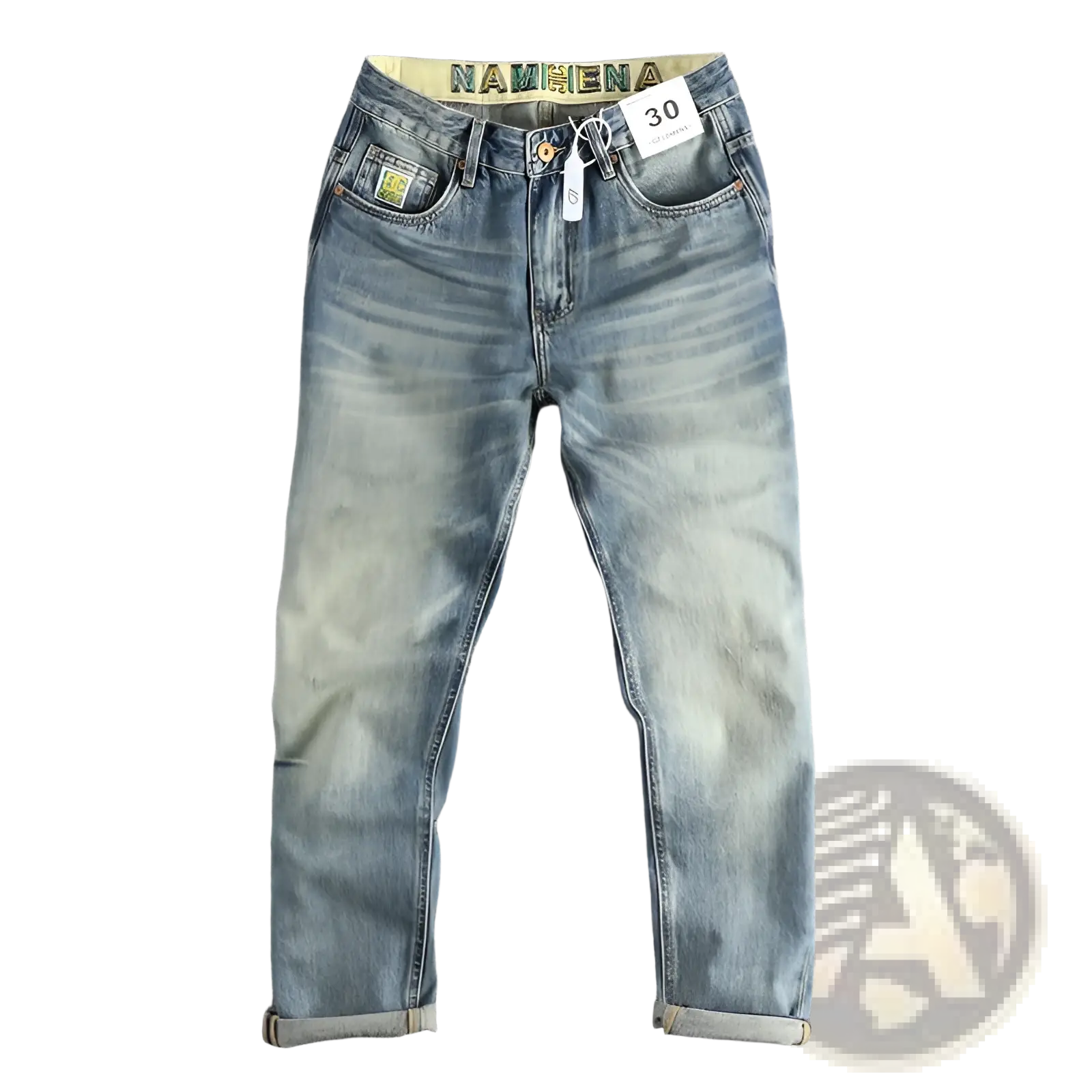 Embroidered loose fit light-wash denim jeans for men with a faded distressed look and rolled cuffs