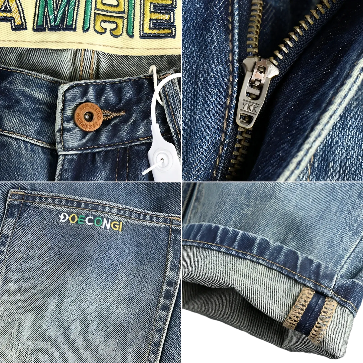 Back side of embroidered loose fit denim jeans men in blue with brown button silver ykk zipper and doecongi embroidery