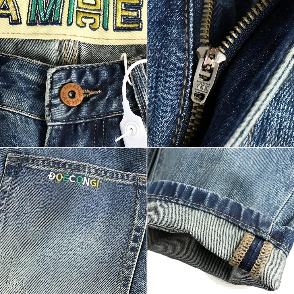 Back side of embroidered loose fit denim jeans men in blue with brown button silver ykk zipper and doecongi embroidery