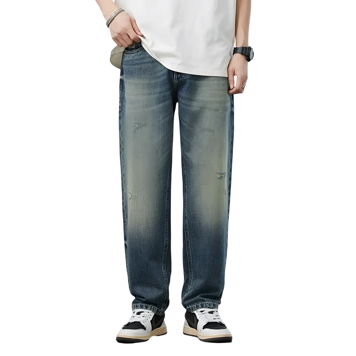 Distressed blue denim embroidered loose fit jeans for men with a relaxed straight-leg cut made of durable cotton