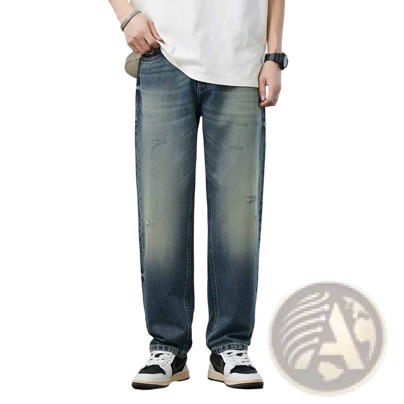 Distressed blue denim embroidered loose fit jeans for men with a relaxed straight-leg cut made of durable cotton