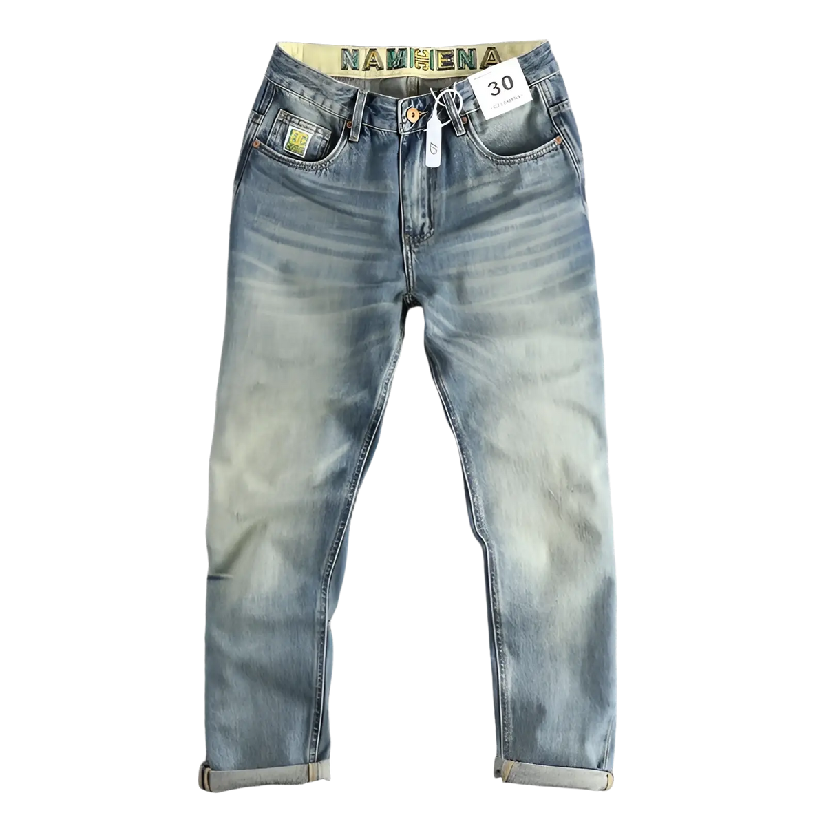 Embroidered loose fit light-wash denim jeans for men with a faded distressed look and rolled cuffs