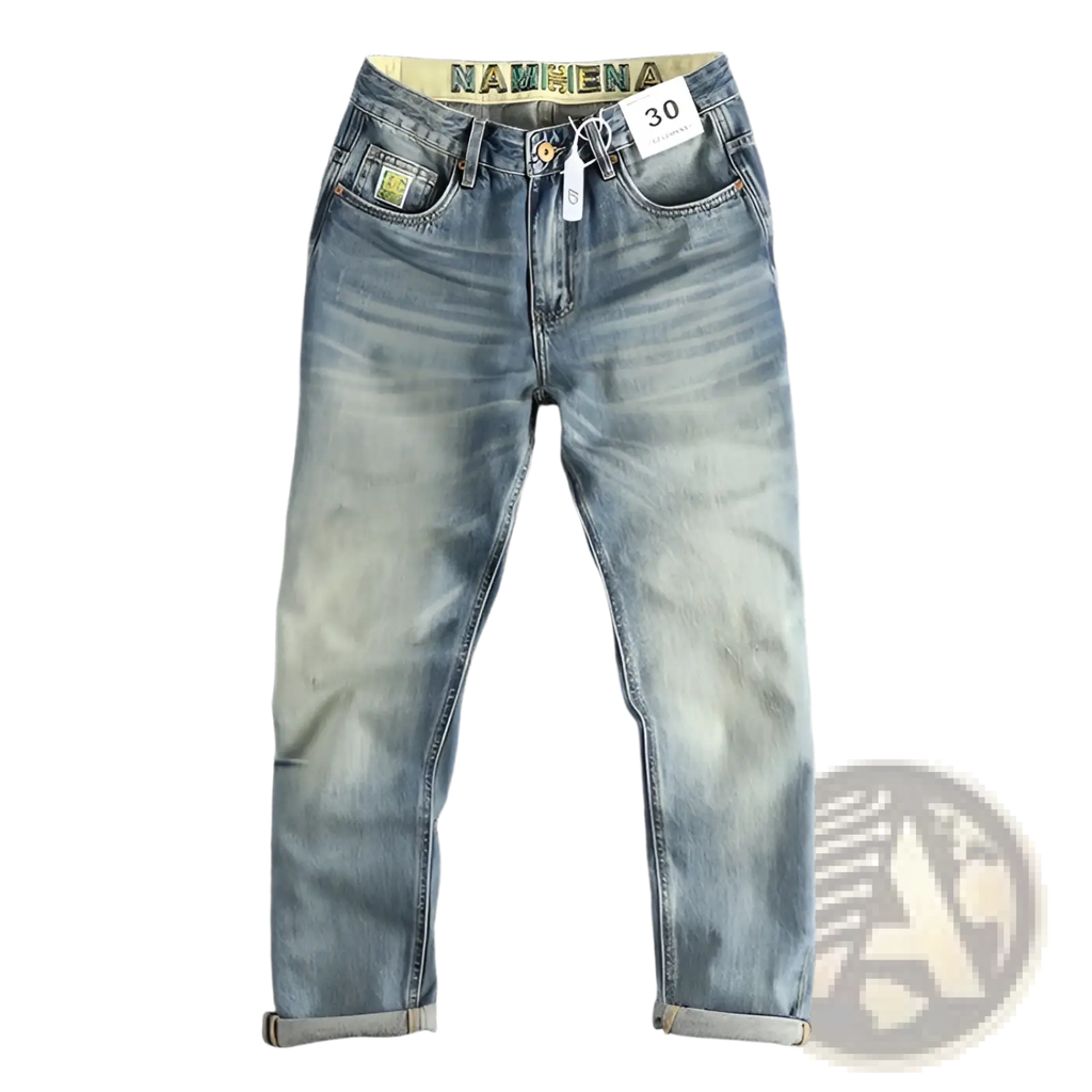 Embroidered loose fit men’s denim jeans in light wash with faded distressed look and rolled cuffs