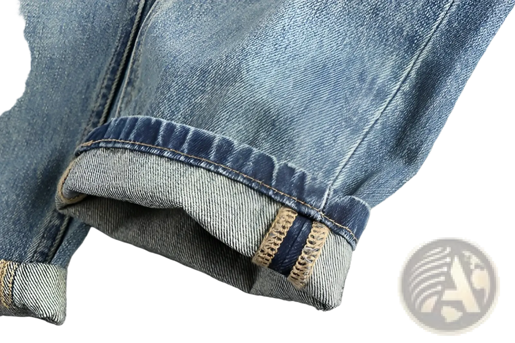 Embroidered loose fit denim jeans men in light wash with rolled cuffs tan stitching and dark blue fabric detail