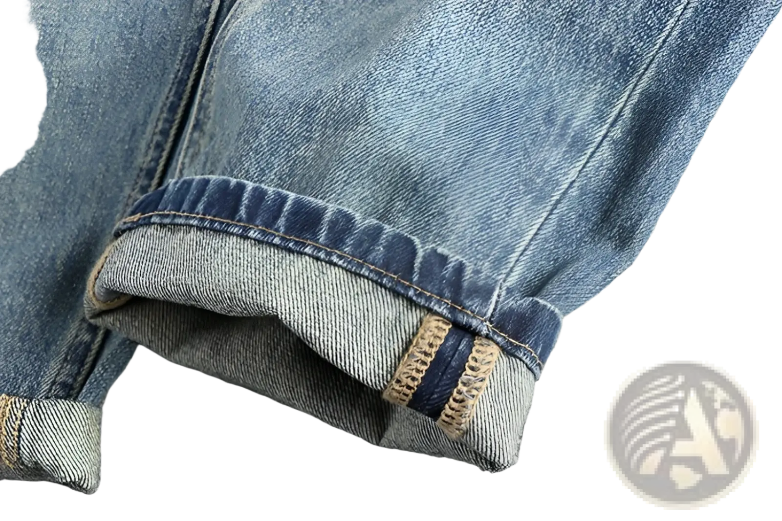 Embroidered loose fit denim jeans men in light wash with rolled cuffs tan stitching and dark blue fabric detail