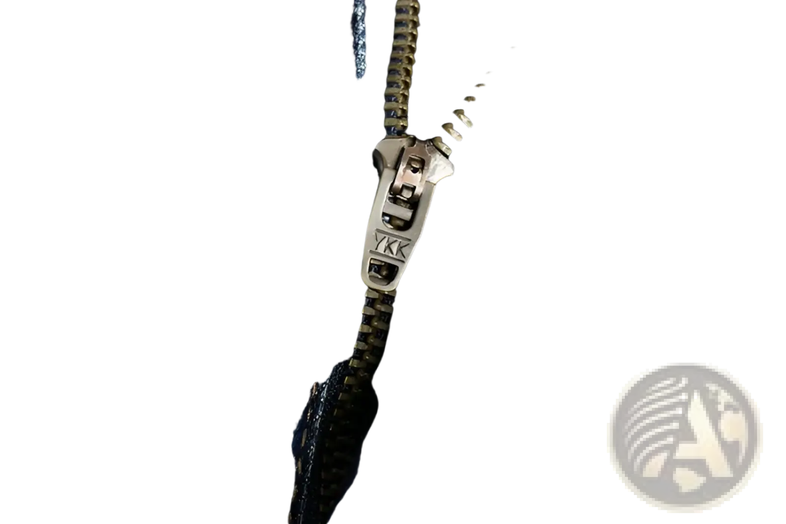 Embroidered loose fit denim jeans men featuring a silver YKK zipper with metallic pull tab on dark blue denim fabric