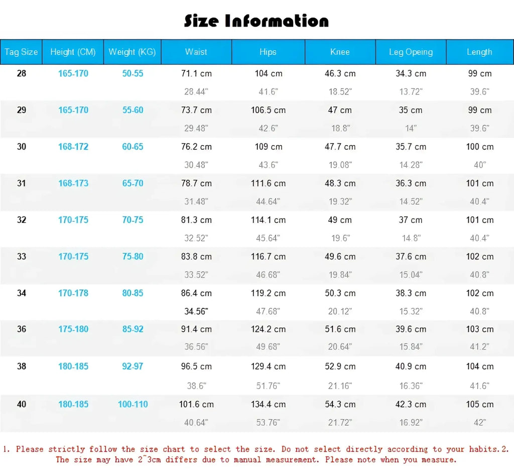 Size information chart for embroidered loose fit denim jeans men showing measurements in cm and inches for sizes 28 to 40
