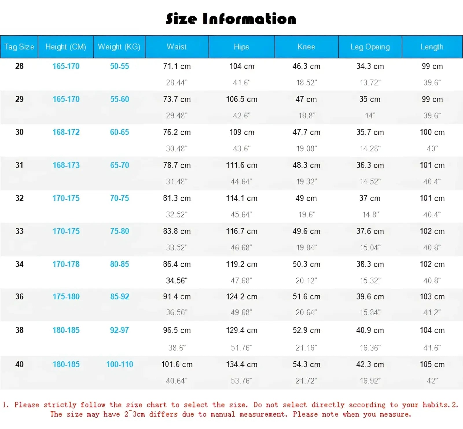 Size information chart for embroidered loose fit denim jeans men showing measurements in cm and inches for sizes 28 to 40