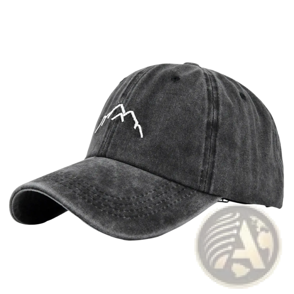 Embroidered mountain baseball cap in dark gray distressed denim with minimalist white mountain range design