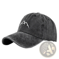 Embroidered mountain baseball cap in dark gray distressed denim with minimalist white mountain range design