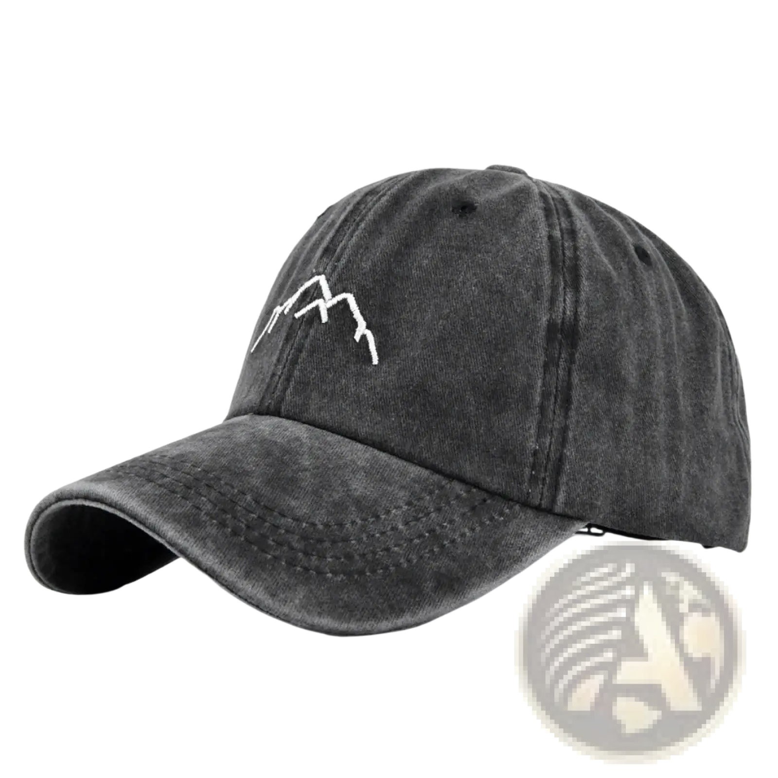 Embroidered mountain baseball cap in dark gray distressed denim with minimalist white mountain range design