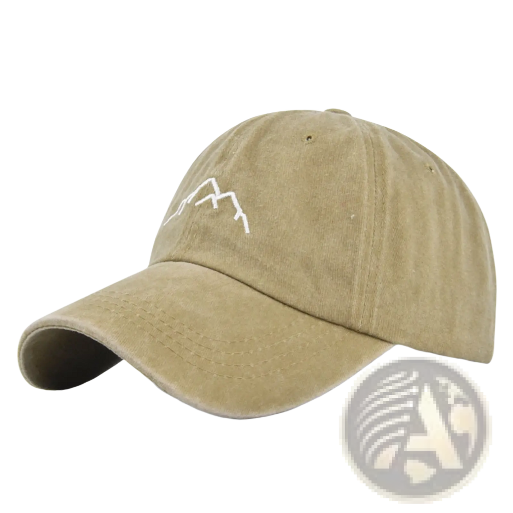 Beige cotton baseball cap with white embroidered mountain design in an embroidered mountain baseball cap style
