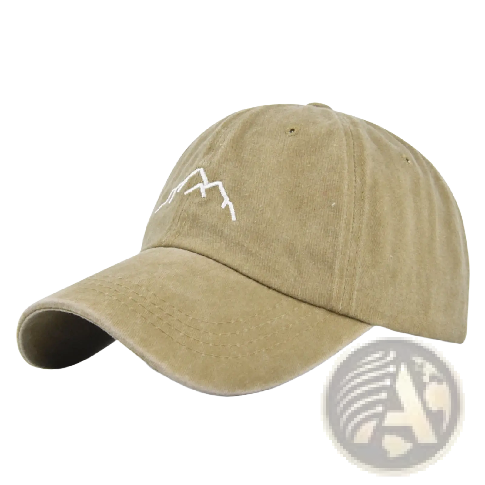 Beige cotton baseball cap with white embroidered mountain design in an embroidered mountain baseball cap style